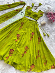Alluring Green Color Georgette Hand Painted Lehenga