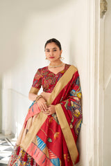 Shining Kalamkari Print Cream Color Lehenga Choli