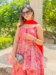 Outstanding Digital printed Pink Color Organza Silk Sharara Suit