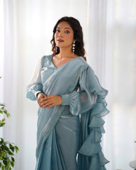 Ready To Wear Saree Sky Blue Color With Premium Quality Jimmy Choo Organza Saree