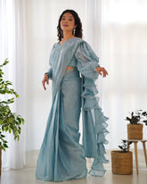 Ready To Wear Saree Sky Blue Color With Premium Quality Jimmy Choo Organza Saree