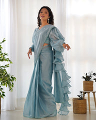 Ready To Wear Saree Sky Blue Color With Premium Quality Jimmy Choo Organza Saree