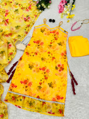 Fabulous Jimmy Organza Floral Printed Yellow Color Anarkali Suit