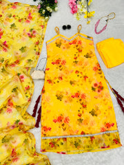 Fabulous Jimmy Organza Floral Printed Yellow Color Anarkali Suit