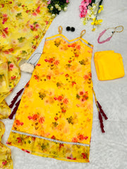 Fabulous Jimmy Organza Floral Printed Yellow Color Anarkali Suit