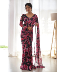 Ready To Wear Black Color Rose Print Saree