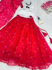 Flattering Digital Print Red And White Color Lehenga Choli