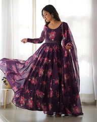 Organza Silk Wine Color Gown With Dupatta