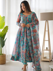 Admiring sky Color Flower Printed Anarkali Suit