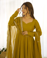 Mehndi Yellow Color Plain Gown With Work Dupatta