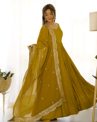 Mehndi Yellow Color Plain Gown With Work Dupatta