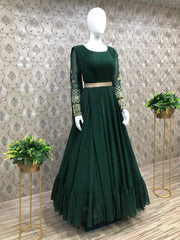 Dark Green Embroidery Sequence Work Gown