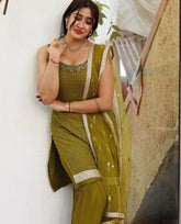 Mehndi Color Embroidery Sequence Work Saharara Suit