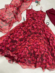 Flower Print Red Color Anarkali Gown