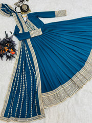 Pretty Coding Embroidery Work Teal Blue Color Gown