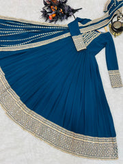 Pretty Coding Embroidery Work Teal Blue Color Gown