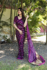 Tissue Pallu With Wine Color Original Bandhani Saree
