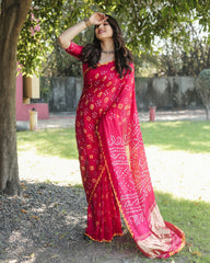 Tissue Pallu With Red Color Original Bandhani Saree