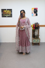Ravishing Dusty Pink Color Embroidery Work Gown