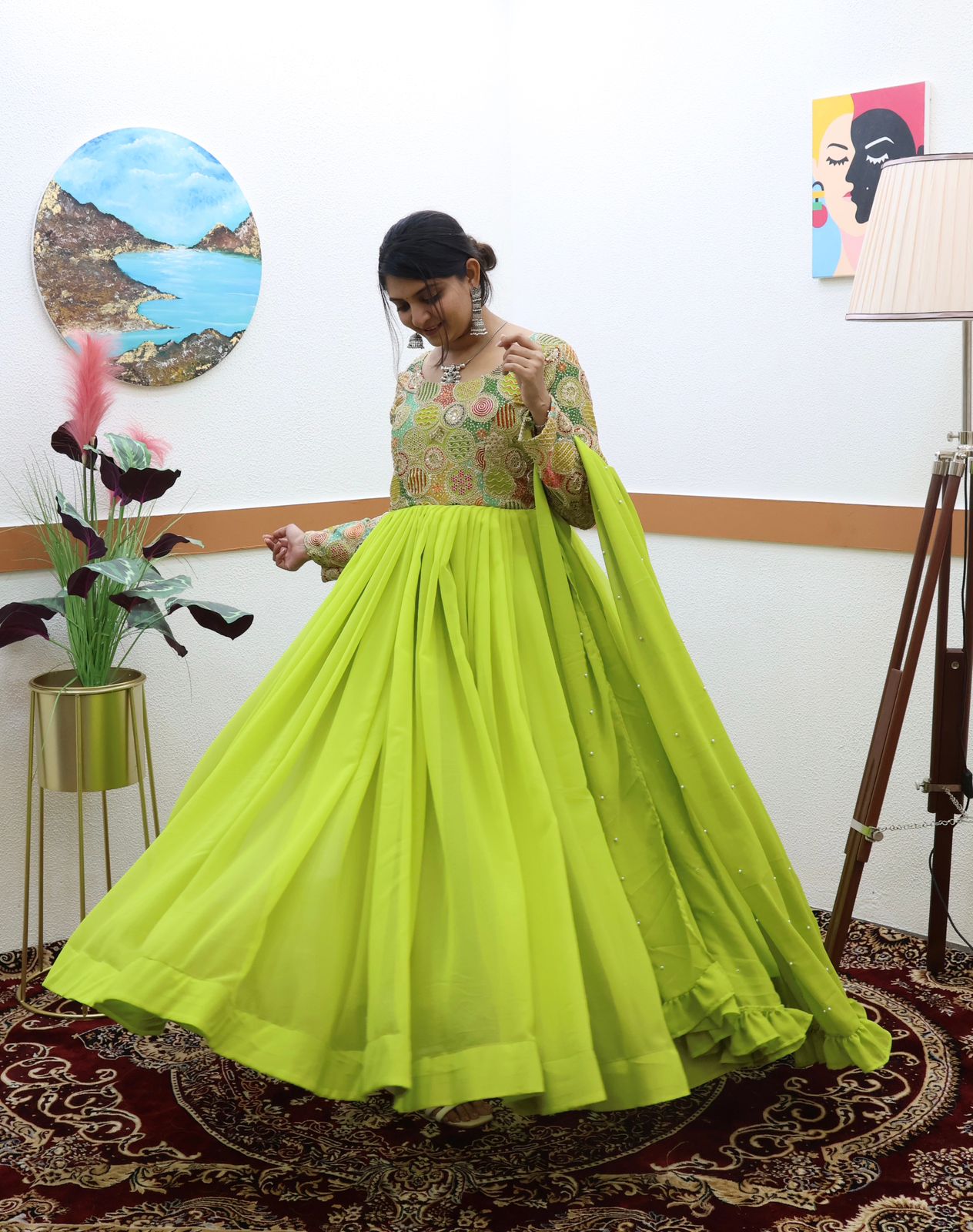 Parrot Green Color Beautiful Thread Work Gown RangmatiFashion Parrot Green Color Beautiful Thread Work Gown RangmatiFashion