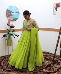 Parrot Green Color Beautiful Thread Work Gown