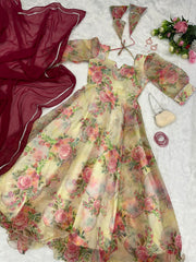 Flattering Cream Color Organza Gown With Dupatta