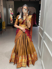 Broad Zari Weaving Border Mustard Color Lehenga Choli