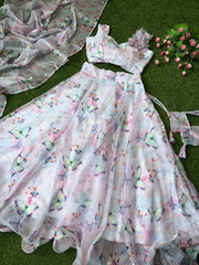 Butterfly Print White Color Organza Silk Lehenga Choli