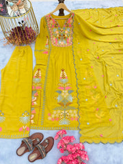 Stylish Yellow Color Embroidery Work Top With Palazzo Set