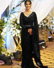 Black Color Sequence Embroidery Work Saree