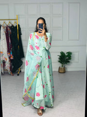 Stylish Sky Blue Color Printed Satin Georgette Gown
