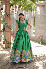 Designer Print Green Color Festive Wear Gown