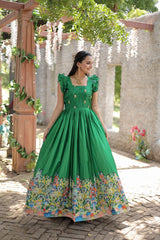 Designer Print Green Color Festive Wear Gown