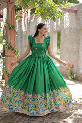 Designer Print Green Color Festive Wear Gown