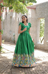 Designer Print Green Color Festive Wear Gown