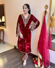 Fabulous Design Red Color Viscose Velvet Salwar Suit