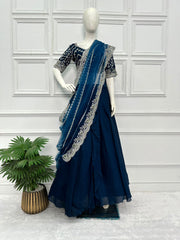 Delightful Blue Color Vichitra Ready To Wear Lehenga Saree