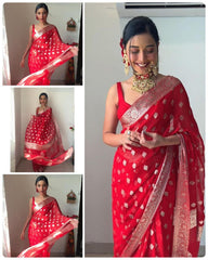 Outstanding Red Color Lilan Slab Rich Weaving Saree