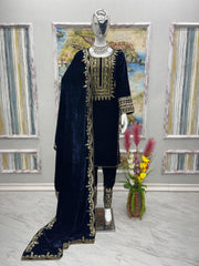 Amazing Design Blue Color Viscose Velvet Salwar Suit