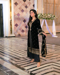 Shining Black Color Velvet Embroidery Sequence Work Suit