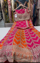 Wedding Pink Embroidered Sequence Work With Dimond Hand Georgette Lehenga Choli