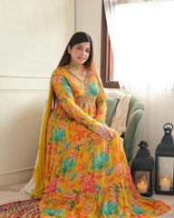 Exotic Yellow Color Georgette Embroidered Sequence Work Long Gown
