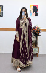New Function Wear Wine Color Embroidery Work Pretty Gown