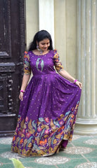 Captivating Purple Color Kalamkari Print Long Gown