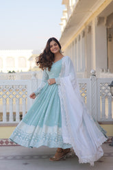 Glimmering Sky Blue Color Thread Sequins Work Anarkali Suit