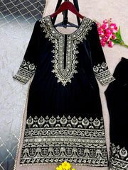Embellished Embroidery Work Velvet Black Color Salwar Suit