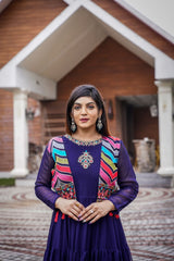 Captivating Blue Color Ruffle Embroidery Work Gown