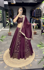 Glorious Heavy Embroidery Zari Work Wine Color Lehenga Choli