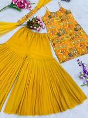 Outstanding Haldi Wear Yellow Color Georgette Digital Print Sharara Suit