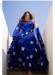 Designer Georgette Printed Blue Color Gown